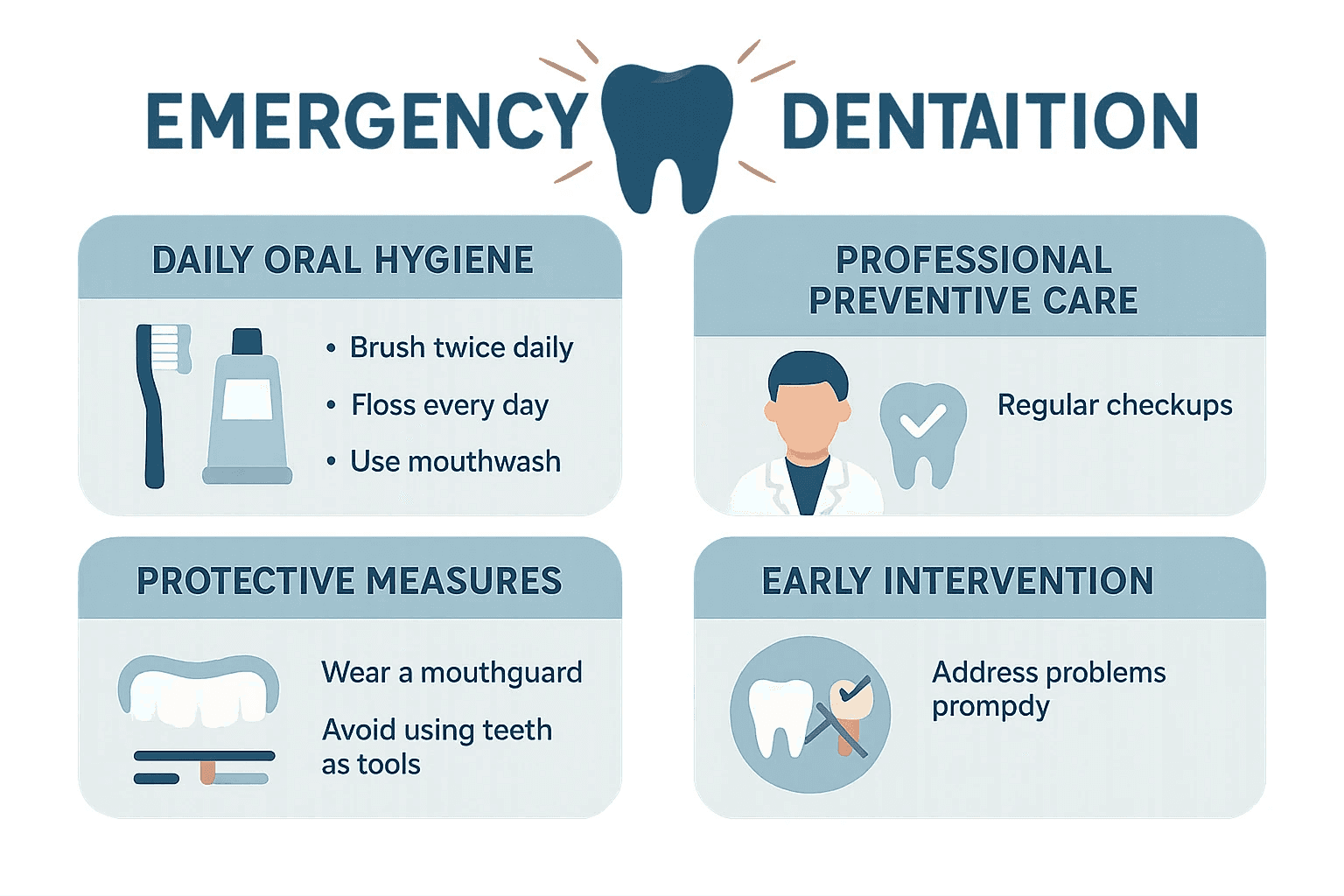 Emergency dental prevention infographic showing daily oral hygiene routine, regular checkups, protective measures, and early intervention strategies - emergency molar removal infographic